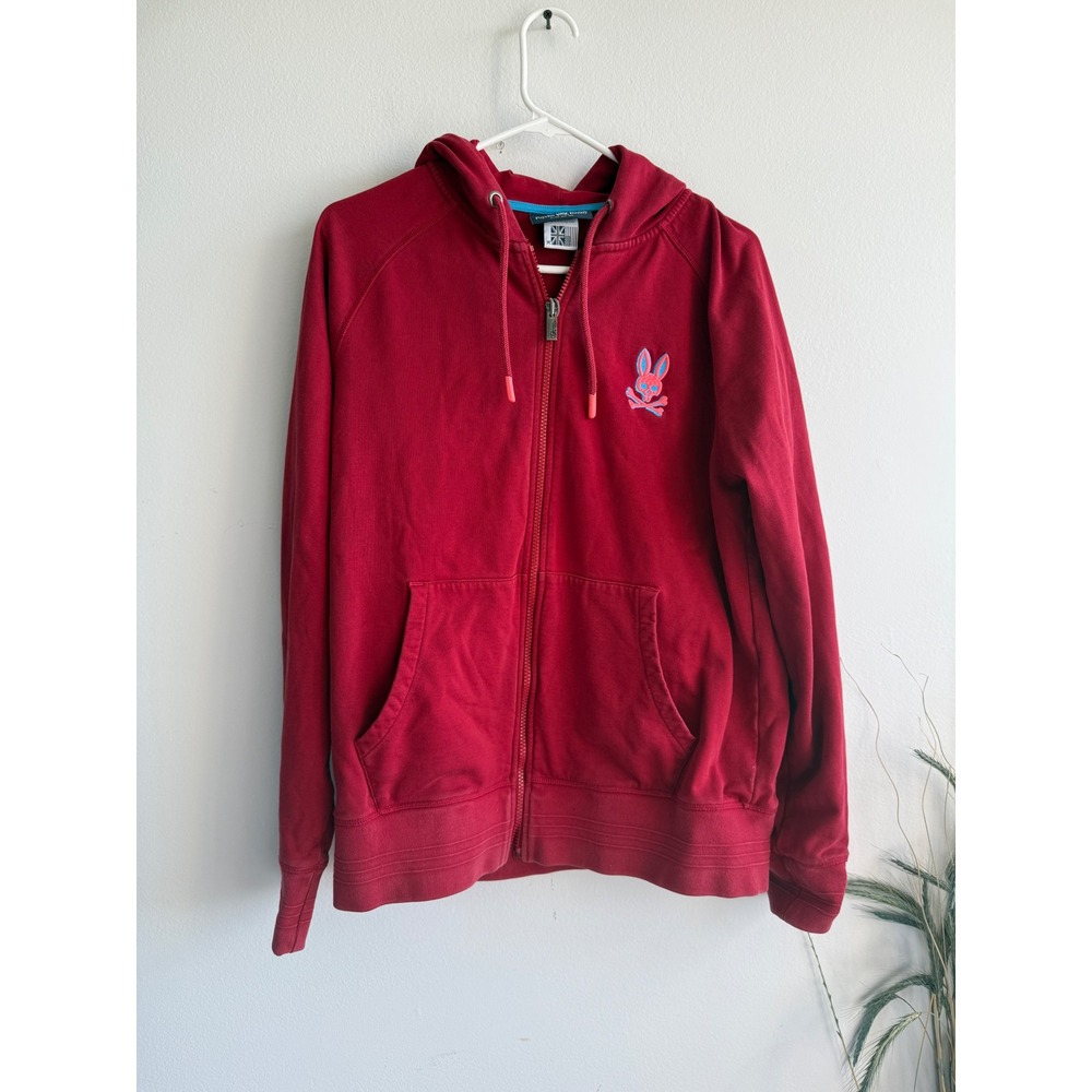 Psycho Bunny Mens Red Full Zip Hoodie Embroidered Bunny Skull Logo Size M